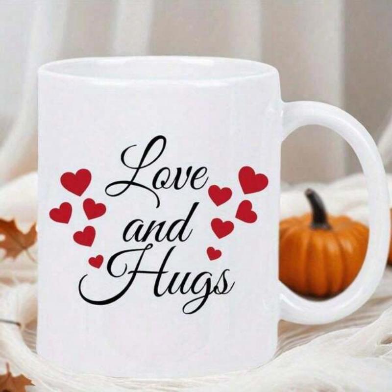 Tailorly White Ceramic 11 oz Mug - Love And Hugs Elegant Small Red Hearts Scattered Around Romantic Text On Ceramic Heart