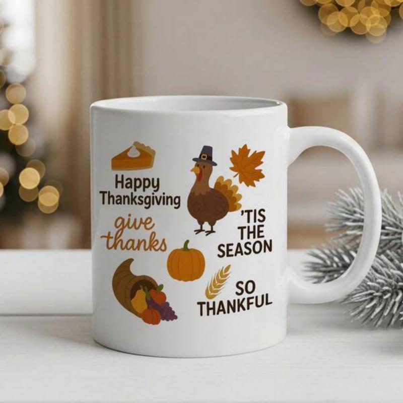 Tailorly White Ceramic 11 oz Mug - Happy Thanksgiving Give Thanks Tis The Season So Thankful Festive Harvest Icons Arranged Together With Seasonal Autumn Foliage