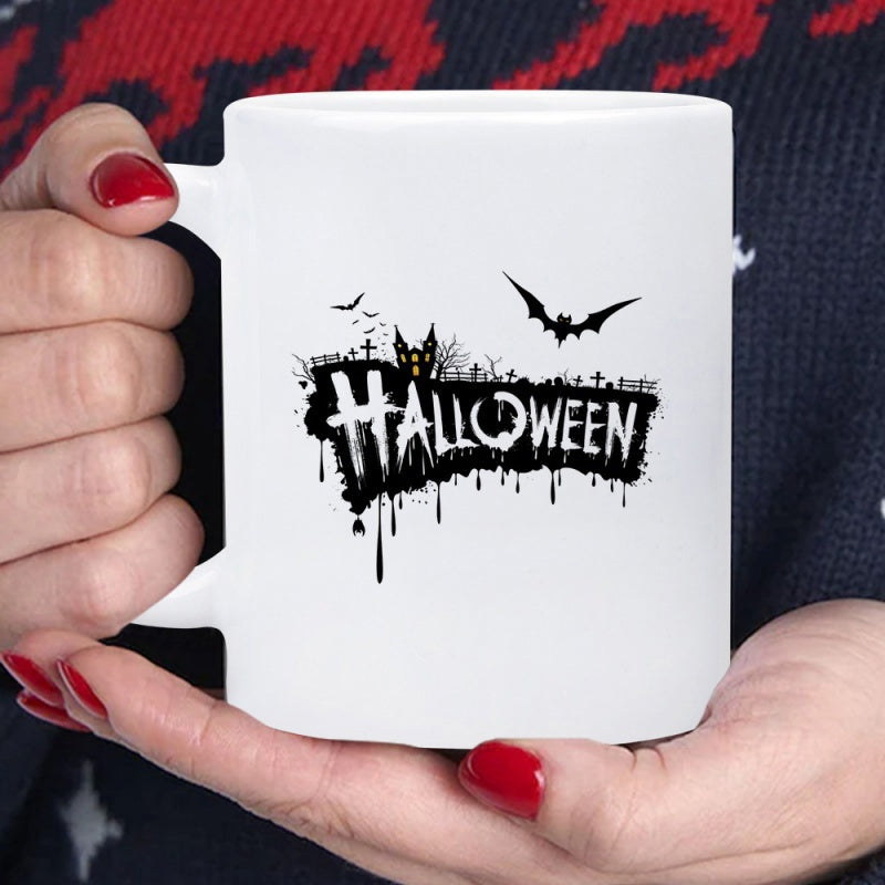 Tailorly White Ceramic 11 oz Mug - Halloween Spooky Flying Bats Above Haunted Graveyard With Dripping Ink Details Halloween