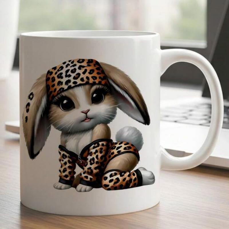 Tailorly White Ceramic 11 oz Mug - Adorable Small Rabbit Wearing Fashionable Leopard Print Outfit And Matching Headband Bunny
