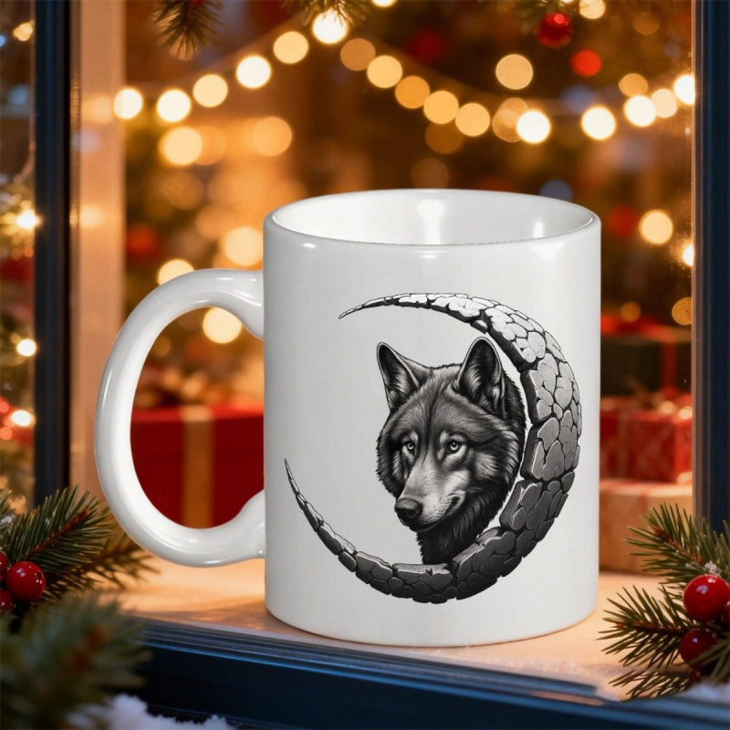 Tailorly White Ceramic 11 oz Mug - Majestic Head Gazing From Within A Textured Stone Crescent Moon Wolf