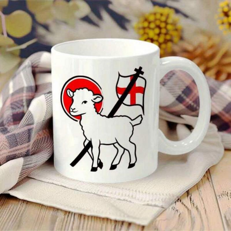 Tailorly White Ceramic 11 oz Mug - Pure White Innocent Creature Carrying Religious Red Cross Flag With Halo Lamb
