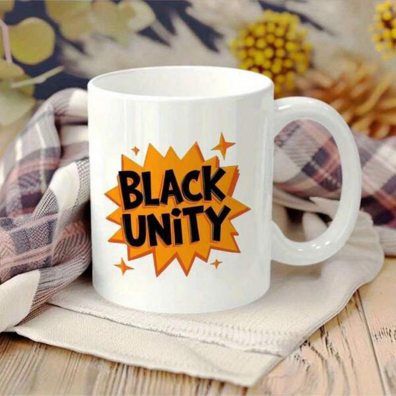 Tailorly White Ceramic 11 oz Mug - Black Unity Vibrant Orange Comic Burst With Sparkling Elements Under Solid Bold Letters Mug