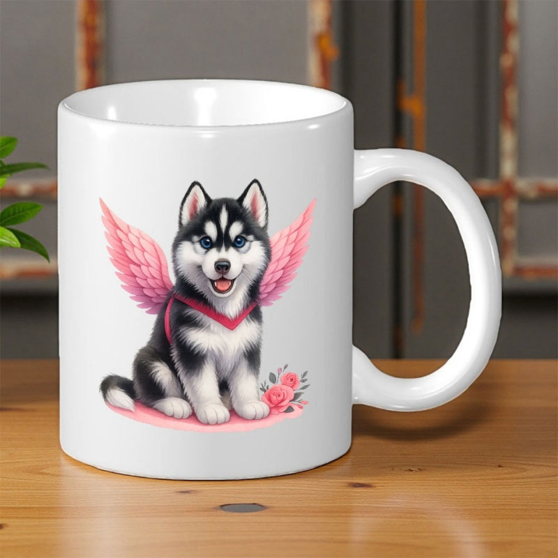 Tailorly White Ceramic 11 oz Mug - Adorable Sitting Cartoon Puppy With Vibrant Pink Angel Wings And Roses Husky