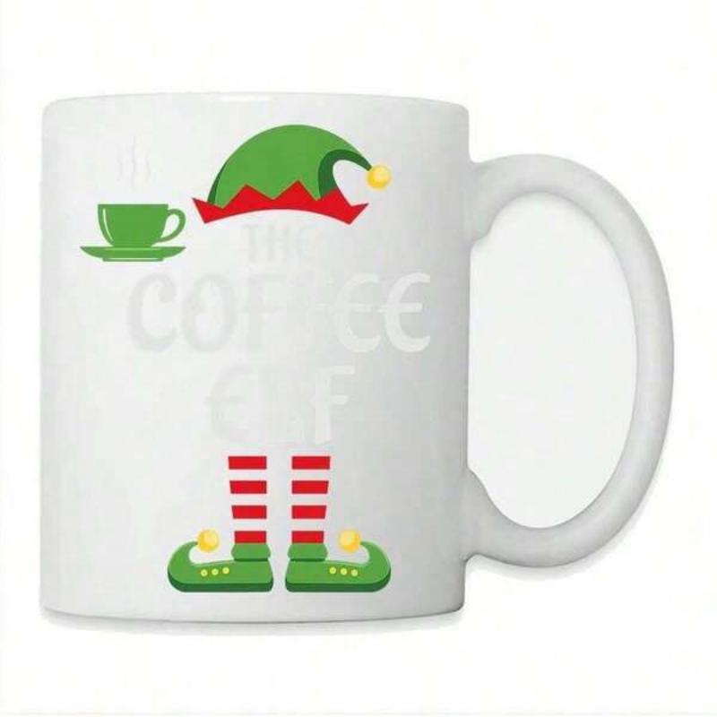 Tailorly White Ceramic 11 oz Mug - The Coffee Elf Festive Christmas Green Hat With Striped Stockings And Curly Pointed Shoes Elf