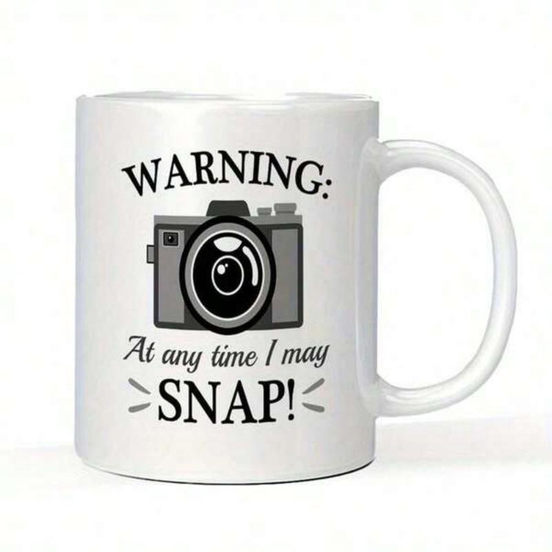 Tailorly White Ceramic 11 oz Mug - Warning At Any Time I May Snap Classic Vintage Style Camera Icon With Central Lens And Flash Camera