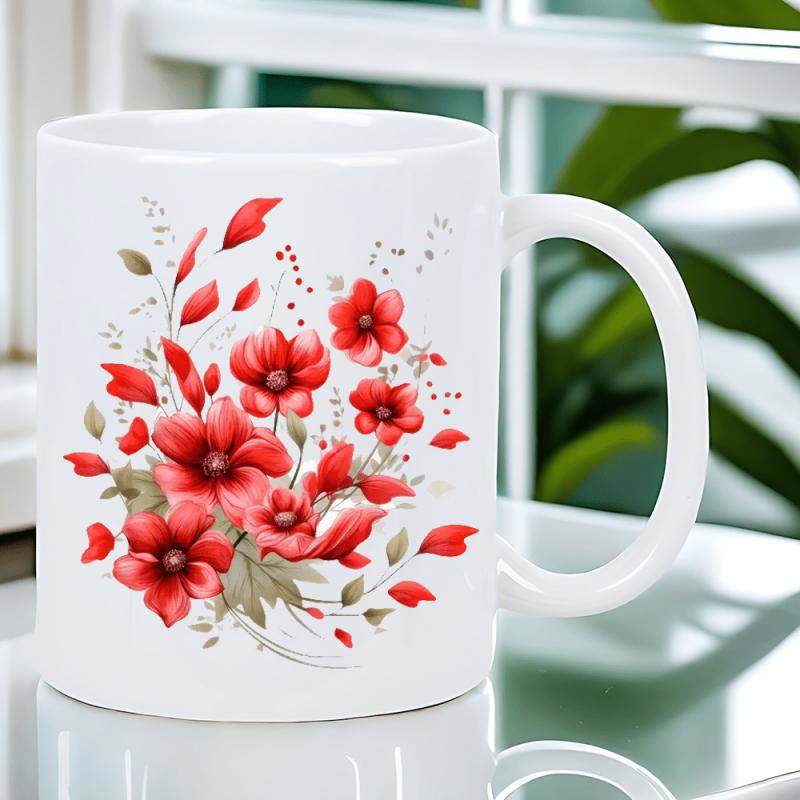Tailorly White Ceramic 11 oz Mug - Vibrant Blooming Red Poppies Arranged In An Artistic Floral Bouquet Flower