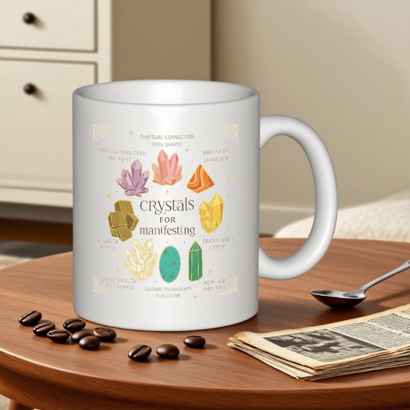 Tailorly White Ceramic 11 oz Mug - Crystals For Manifesting Various Colorful Gems Arranged In A Circle Under Delicate Starry Accents Crystal