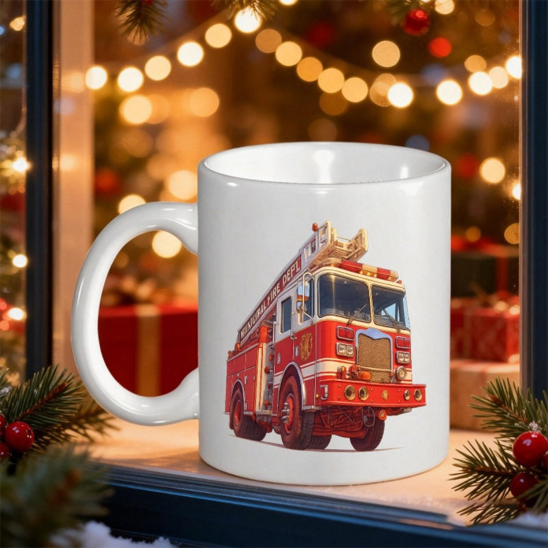Tailorly White Ceramic 11 oz Mug - Vibrant Red And White Vintage Ladder Truck Parked On Snowy Surface Fire Truck