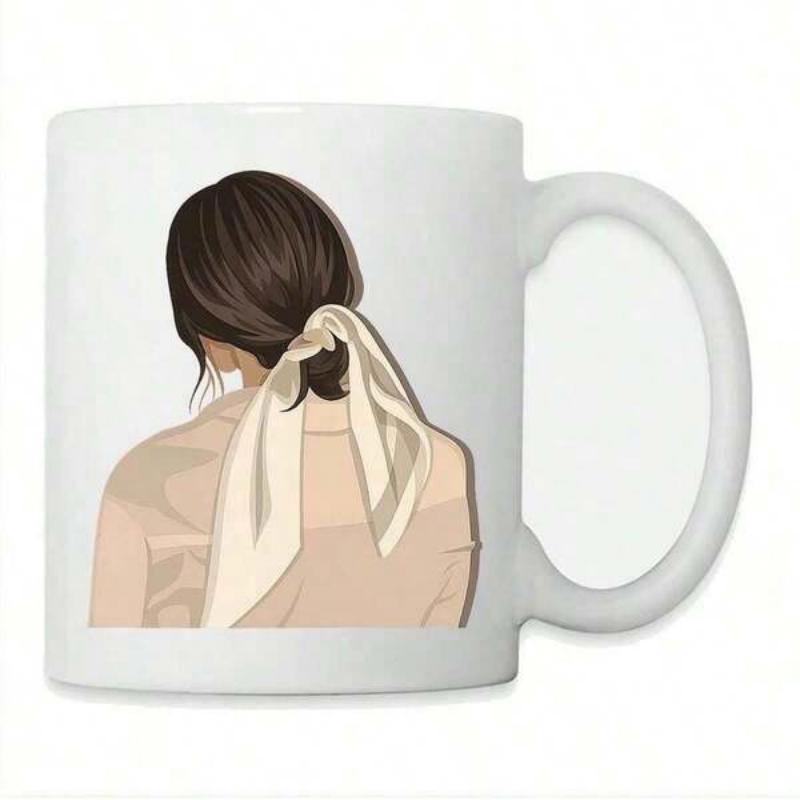 Tailorly White Ceramic 11 oz Mug - Minimalist Artistic Back View Of Woman With Elegant Cream Hair Ribbon Woman