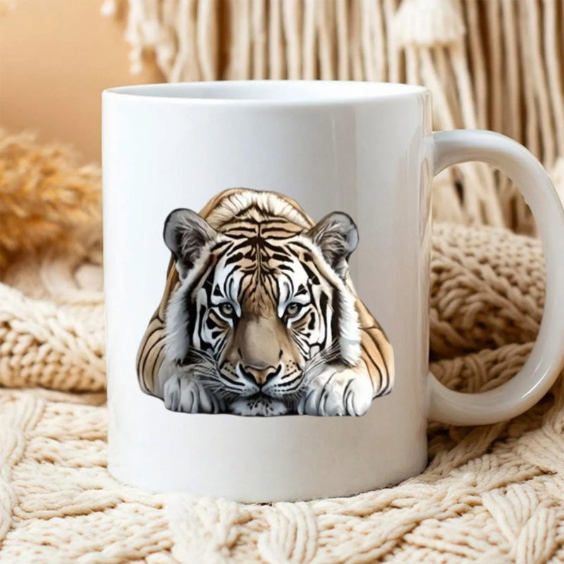Tailorly White Ceramic 11 oz Mug - Detailed Majestic Predator Lying Calmly With Intense Piercing Eyes Tiger