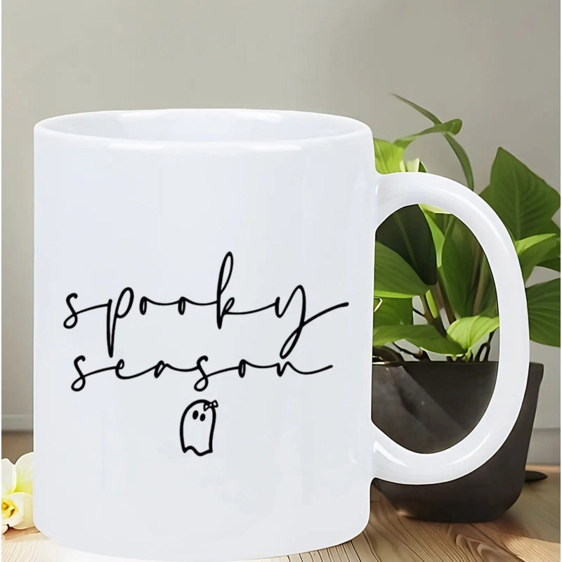 Tailorly White Ceramic 11 oz Mug - Spooky Season Minimalist Hand Drawn Cursive Script Featuring A Tiny Floating Friendly Ghost