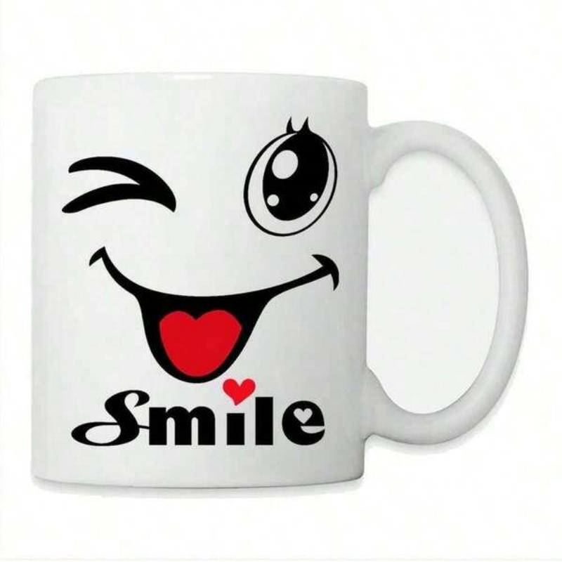 Tailorly White Ceramic 11 oz Mug - Smile Winking Cartoon Face With Heart Tongue And Decorative Small Red Hearts Face