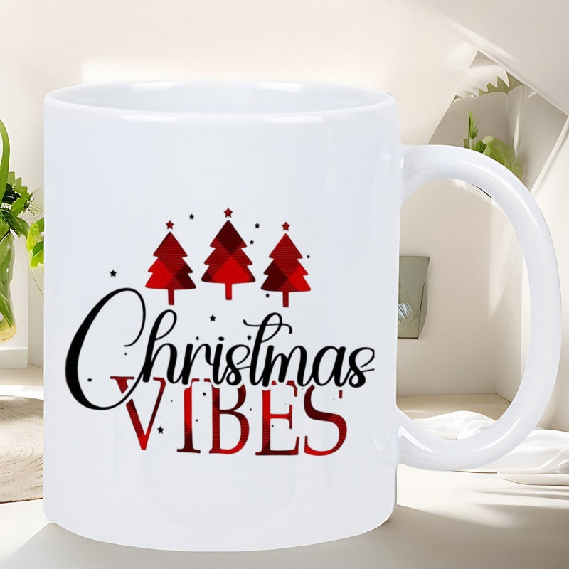 Tailorly White Ceramic 11 oz Mug - Christmas Vibes Three Red Geometric Trees Decorated With Minimalist Black Dots And Festive Patterns Christmas Tree