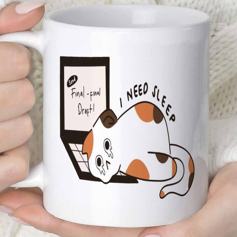 Tailorly White Ceramic 11 oz Mug - I Need Sleep Final Final Draft Tired Calico Cat Resting Upon Laptop Keyboard After Working Hard Cat