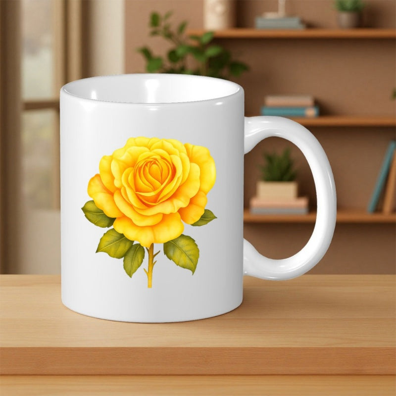 Tailorly White Ceramic 11 oz Mug - Vibrant Blooming Yellow Petals Among Fresh Green Leaves Elegant Garden Rose