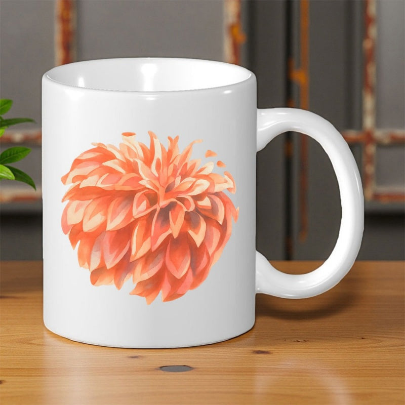 Tailorly White Ceramic 11 oz Mug - Vibrant Peach Blooming Petals In Soft Light Detailed Botanical Dahlia