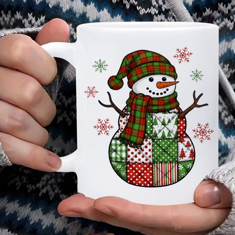 Tailorly White Ceramic 11 oz Mug - Winter Scene Patchwork Pattern Hat And Scarf Surrounded By Falling Snowflakes Snowman