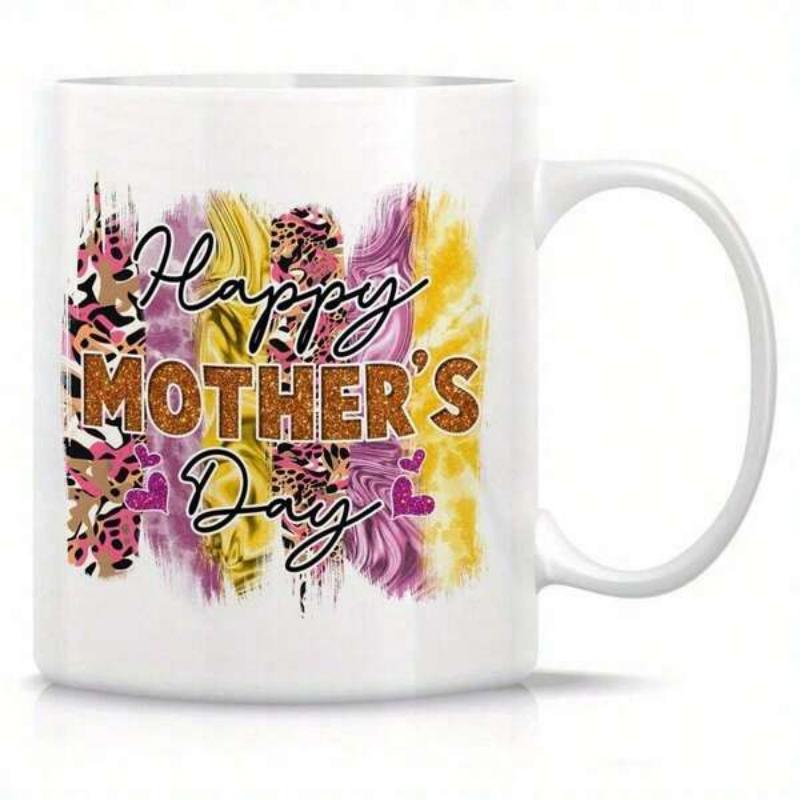 Tailorly White Ceramic 11 oz Mug - Happy Mother's Day Vibrant Leopard Print Feather Strokes With Artistic Watercolor Texture And Hearts Mug