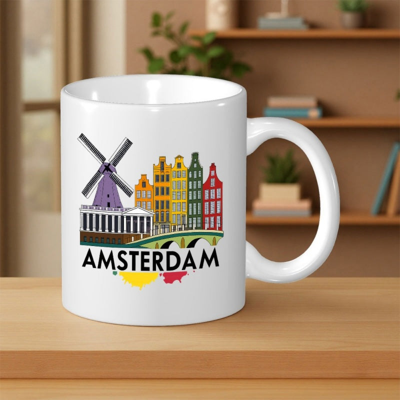 Tailorly White Ceramic 11 oz Mug - Amsterdam Colorful Traditional Canal Houses And Historic Windmill Over A Stone Bridge Skyline