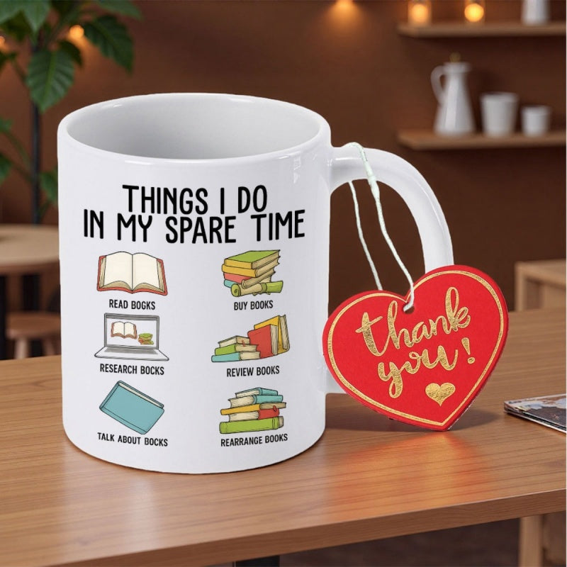 Tailorly White Ceramic 11 oz Mug - Things I Do In My Spare Time Stacked Colorful Volumes Neatly Arranged Beside An Open Scholarly Knowledge Journal Book