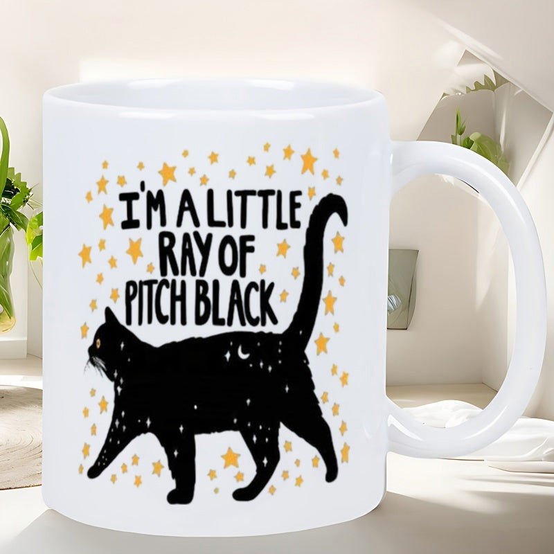 Tailorly White Ceramic 11 oz Mug - Im A Little Ray Of Pitch Black Walking Black Cat Silhouette Under Golden Twinkling Stars And Night Sky Cat
