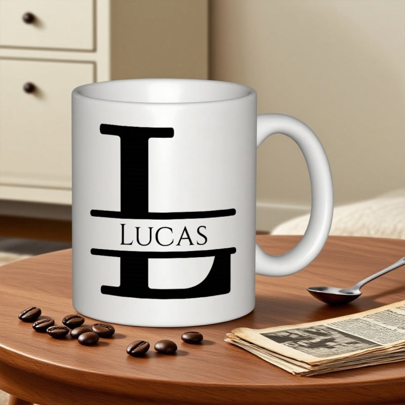 Tailorly White Ceramic 11 oz Mug - Lucas Elegant Personalized Initial Design With Split Monogram Style On