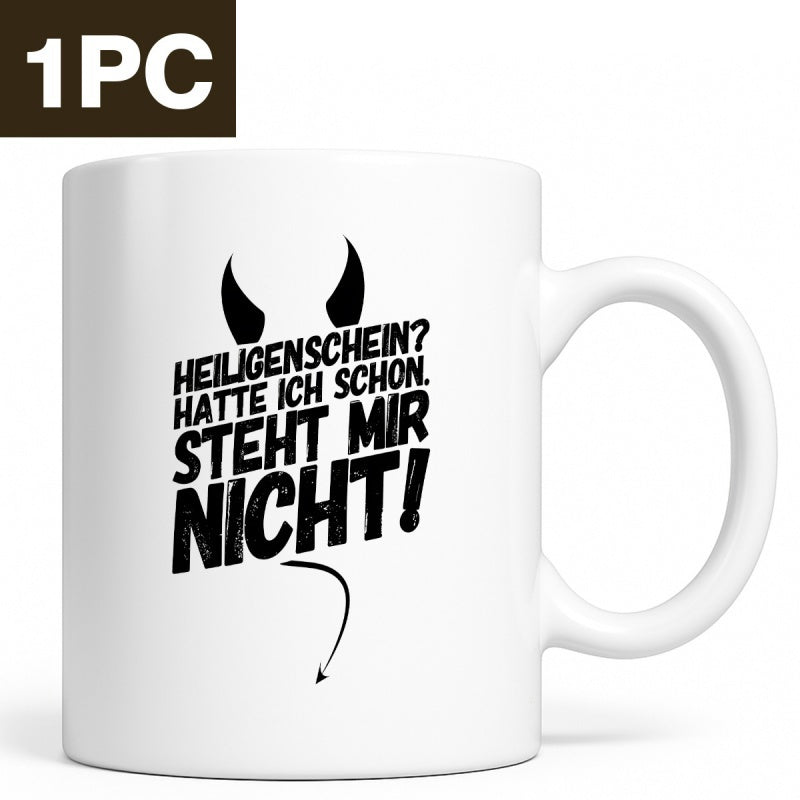 Tailorly White Ceramic 11 oz Mug - Minimalist Humorous Black Devil Horns And Pointed Tail Silhouette Mug