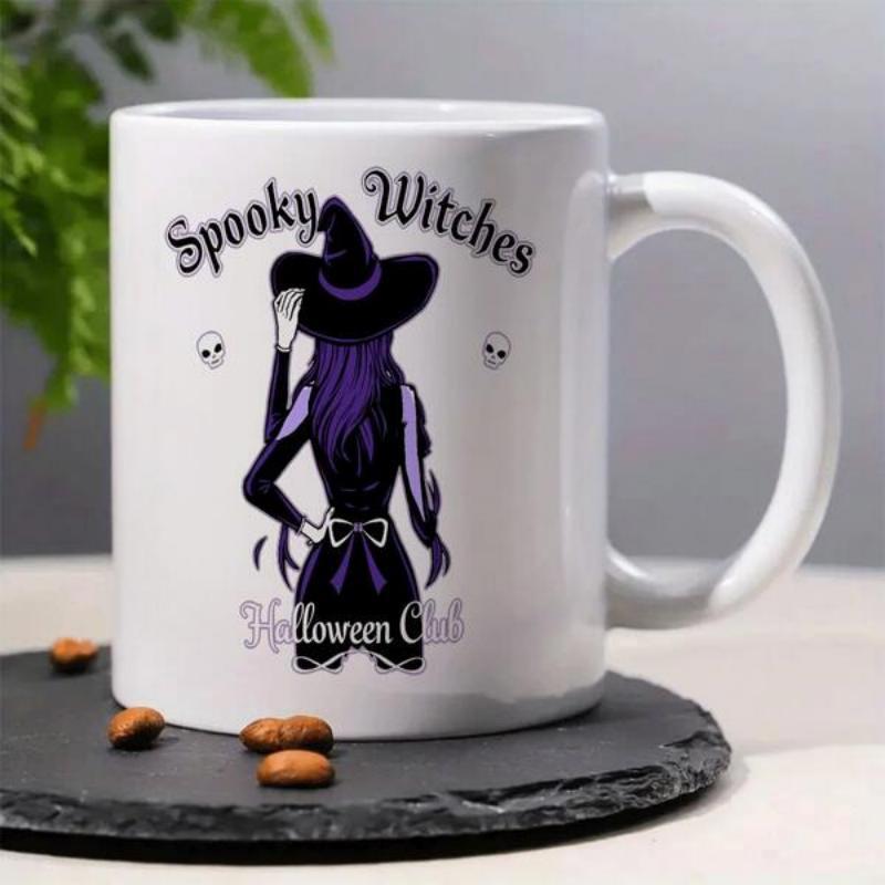 Tailorly White Ceramic 11 oz Mug - Spooky Witches Halloween Club Mysterious Figure Wearing Pointed Hat With Purple Hair And Skeleton Arms Witch