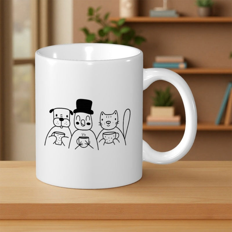 Tailorly White Ceramic 11 oz Mug - Minimalist Line Art Sketch Of Three Friends Drinking Hot Coffee Animals