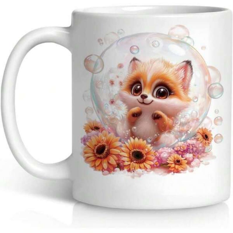 Tailorly White Ceramic 11 oz Mug - Adorable Little Baby Fox Inside Transparent Bubble Surrounded By Radiant Sunflowers Fox