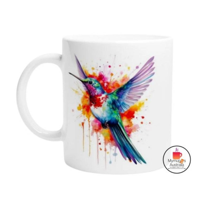 Tailorly White Ceramic 11 oz Mug - Vibrant Artistic Watercolor Splatters Forming A Beautiful Graceful Flying Hummingbird