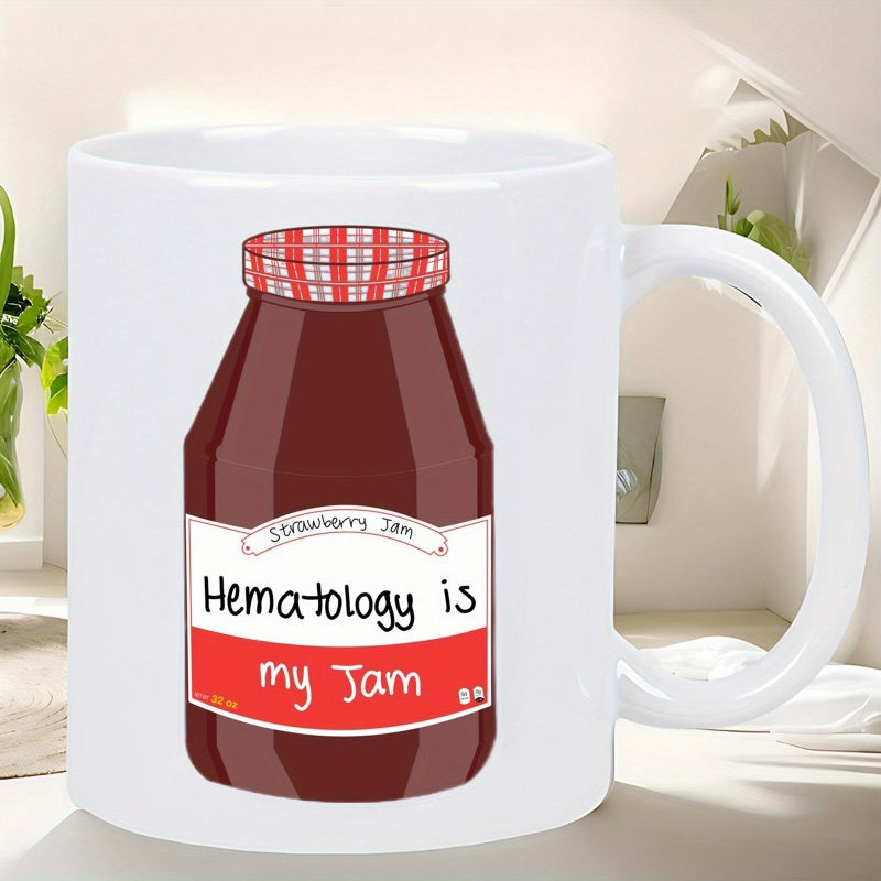 Tailorly White Ceramic 11 oz Mug - Hematology Is My Jam Classic Strawberry Preserves Jar With Red Gingham Lid Patterned Glass Jar