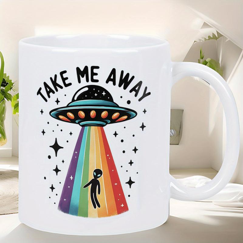 Tailorly White Ceramic 11 oz Mug - Take Me Away Rainbow Beam Of Light Carrying A Human Silhouette Among Stars UFO