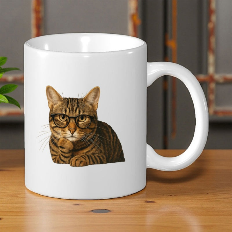 Tailorly White Ceramic 11 oz Mug - Wise Brown Tabby Wearing Intellectual Black Glasses Resting With Paws Cat