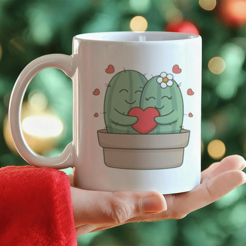 Tailorly White Ceramic 11 oz Mug - Adorable Smiling Potted Desert Plants Holding Vibrant Red Love Heart Cactus
