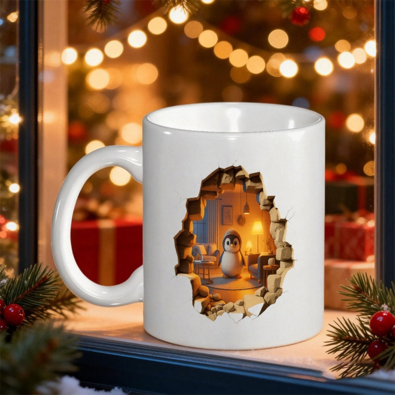 Tailorly White Ceramic 11 oz Mug - Cute Little Penguin Inside A Cozy Warm Room Peeking Through Wall Penguin
