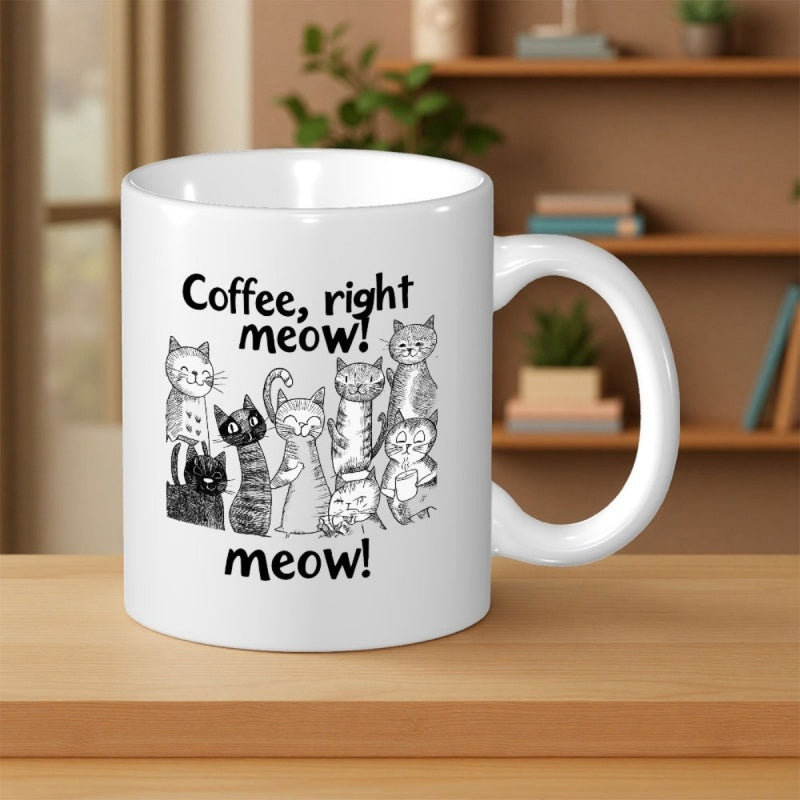 Tailorly White Ceramic 11 oz Mug - Coffee Right Meow Meow Whimsical Hand Drawn Sketched Cartoon Kitties Grouped In Playful Poses Cat
