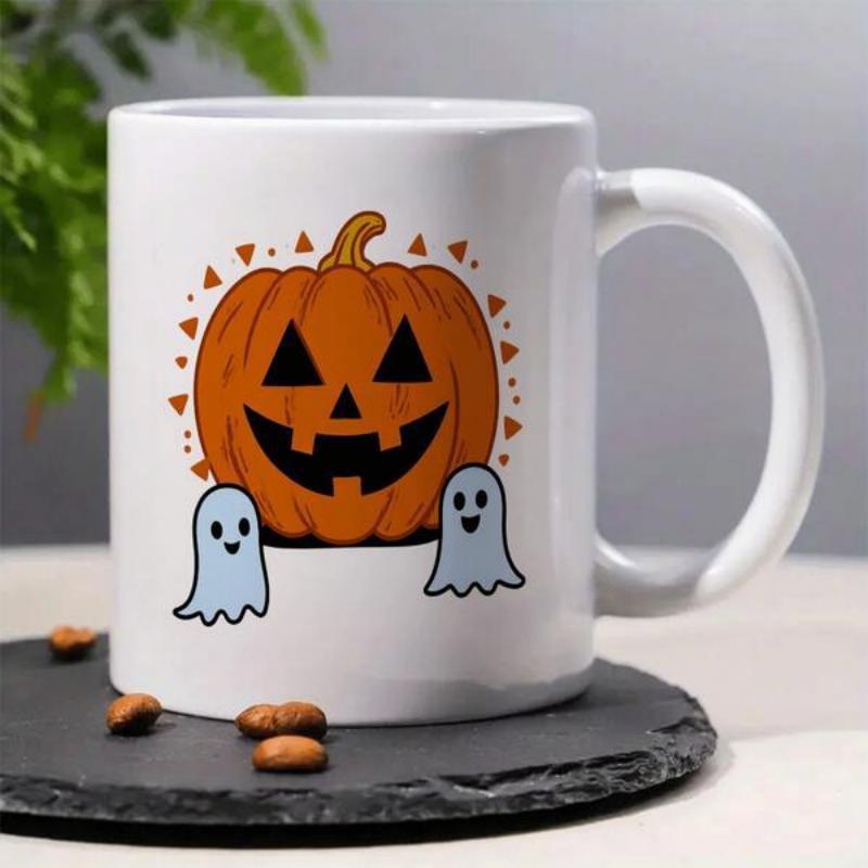 Tailorly White Ceramic 11 oz Mug - Smiling Vibrant Orange Halloween Jack O Lantern With Two Small Friendly Ghost Pumpkin