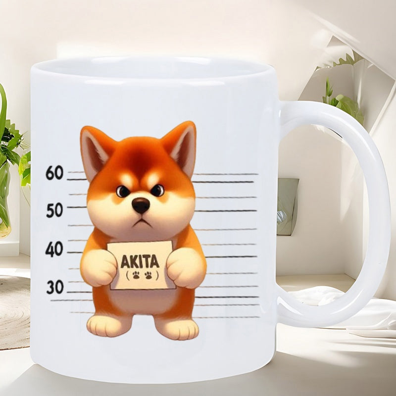 Tailorly White Ceramic 11 oz Mug - Akita Angry Cartoonish Puppy Standing Against Height Chart Background Holding Identification Sign Dog
