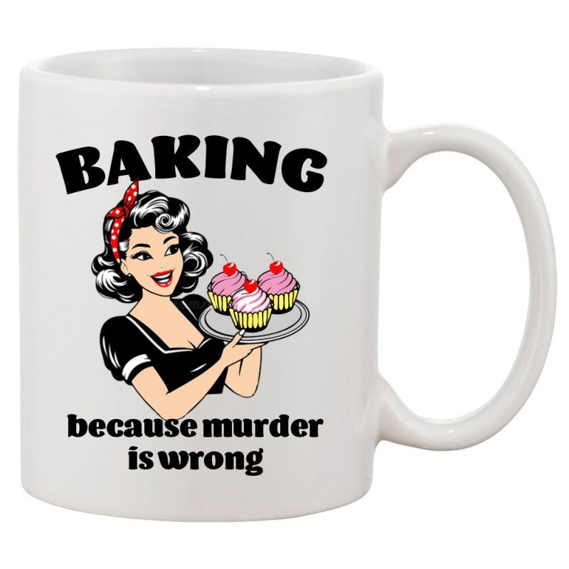 Tailorly White Ceramic 11 oz Mug - Baking Because Murder Is Wrong Vintage Styled Pinup Holding Tray Of Three Pink Frosting Cupcakes Woman