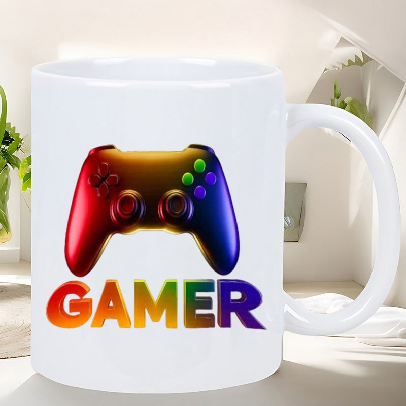 Tailorly White Ceramic 11 oz Mug - Gamer Vibrant Rainbow Gradient Modern Video Game Style Handheld Controller