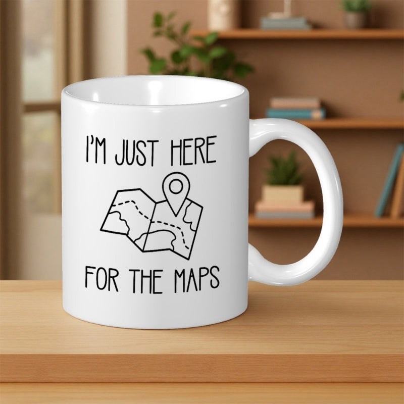 Tailorly White Ceramic 11 oz Mug - I'm Just Here For The Maps Minimalist Black Line Hand Drawn Paper Navigation Pin Map