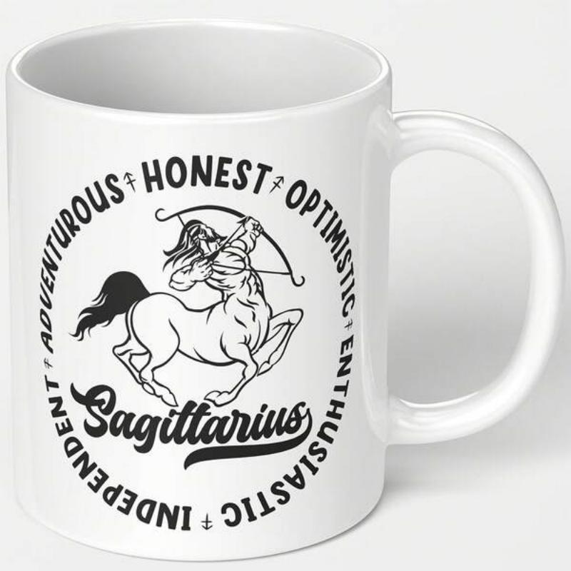 Tailorly White Ceramic 11 oz Mug - Sagittarius Adventurous Honest Optimistic Enthusiastic Independent Majestic Mythical Archer Pulling A Bow With Great Power