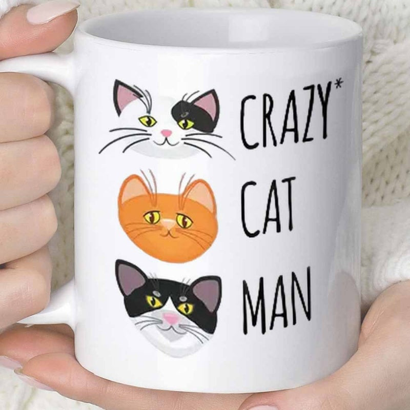 Tailorly White Ceramic 11 oz Mug - Crazy Cat Man Three Colorful Stylized Feline Faces Arranged Vertically On White Background Cat
