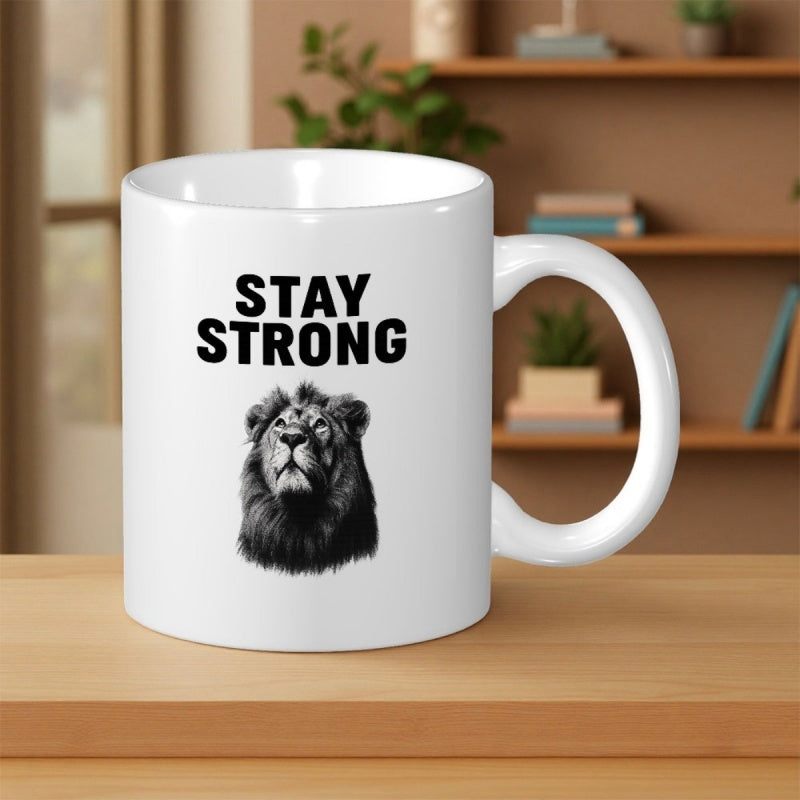 Tailorly White Ceramic 11 oz Mug - Stay Strong Majestic Portrait Of A Black And White Lion Looking Upwards Lion