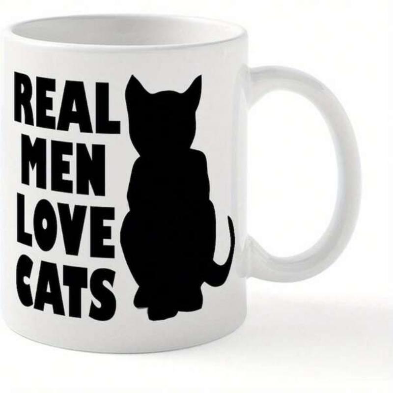 Tailorly White Ceramic 11 oz Mug - Real Men Love Cats Elegant Minimalist Black Silhouette Of A Seated Domestic Feline Pet Cat