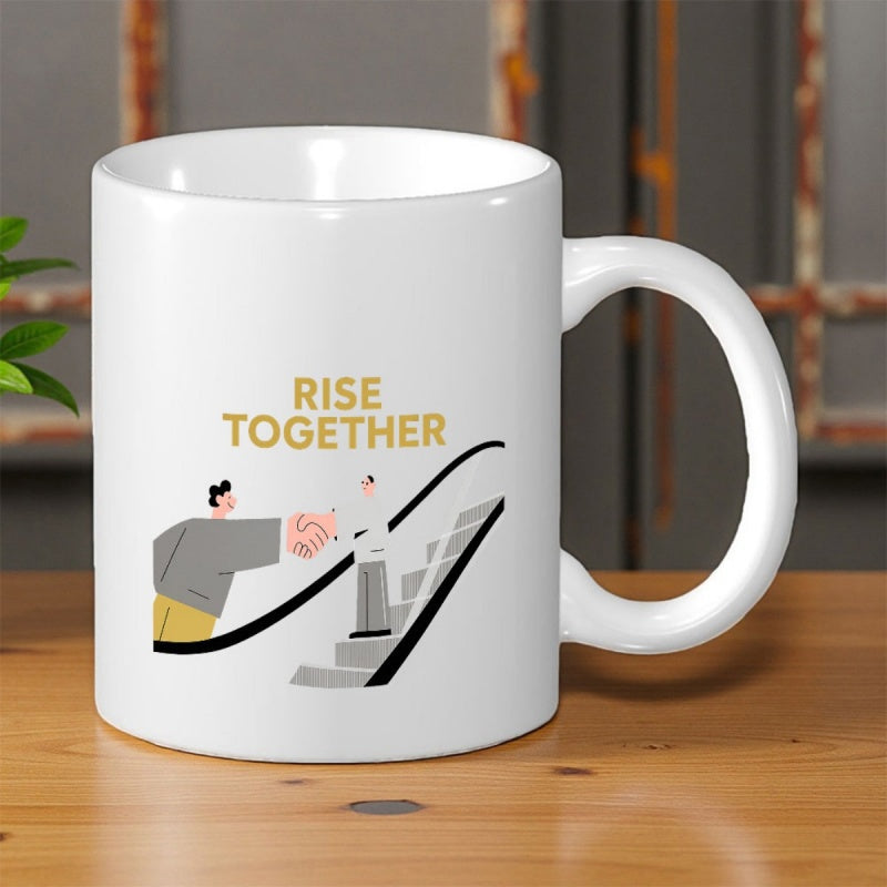 Tailorly White Ceramic 11 oz Mug - Rise Together Two Stylized Business Figures Shaking Hands Firmly On A Moving Modern Escalator