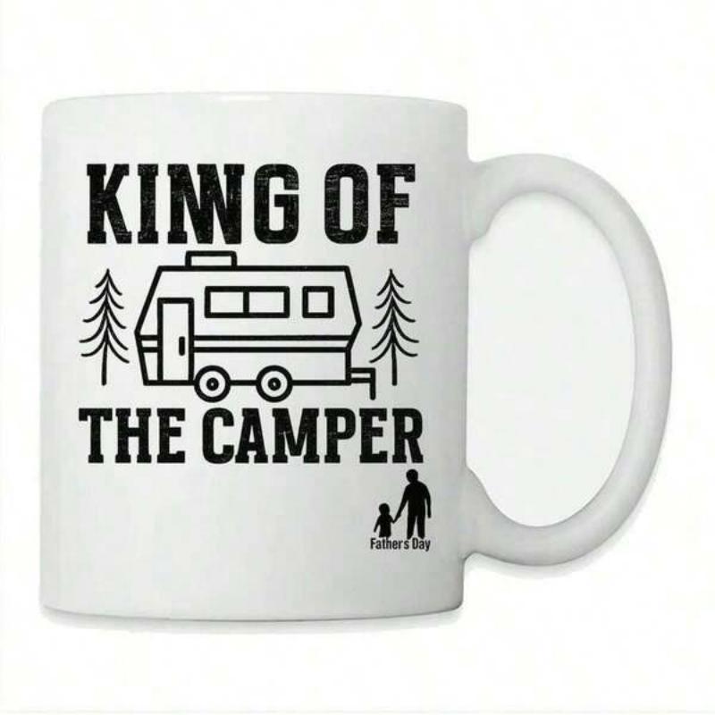 Tailorly White Ceramic 11 oz Mug - King Of The Camper Minimalist Line Drawing Of A Travel Trailer Between Evergreen Forest Trees Camper