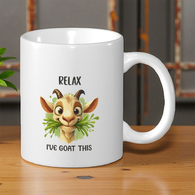 Tailorly White Ceramic 11 oz Mug - Relax Ive Goat This Cute Cartoon Character Chewing On Fresh Green Grass With Happy Eyes Goat